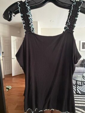 PAIGE Black Ribbed Tank with Light Blue Lettuce Edge